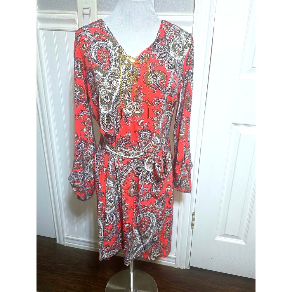 Michael Kors Dress Womens Large Multi Paisley Belted Waist Roll Tab Sleeves